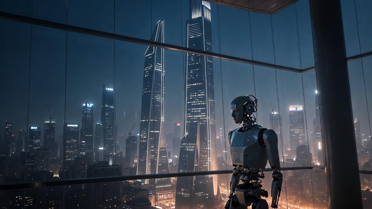 Humanoid robot in front of Shenzhen skyline at night