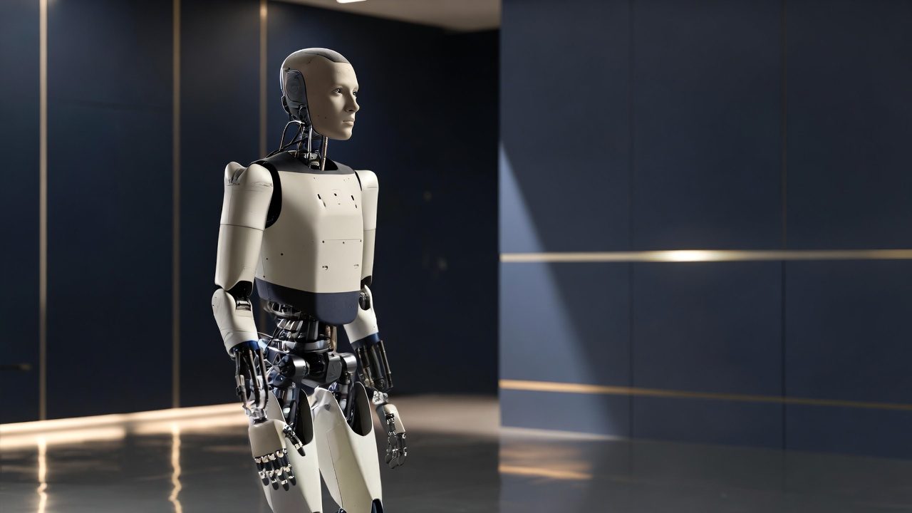 Single humanoid robot in blue interior